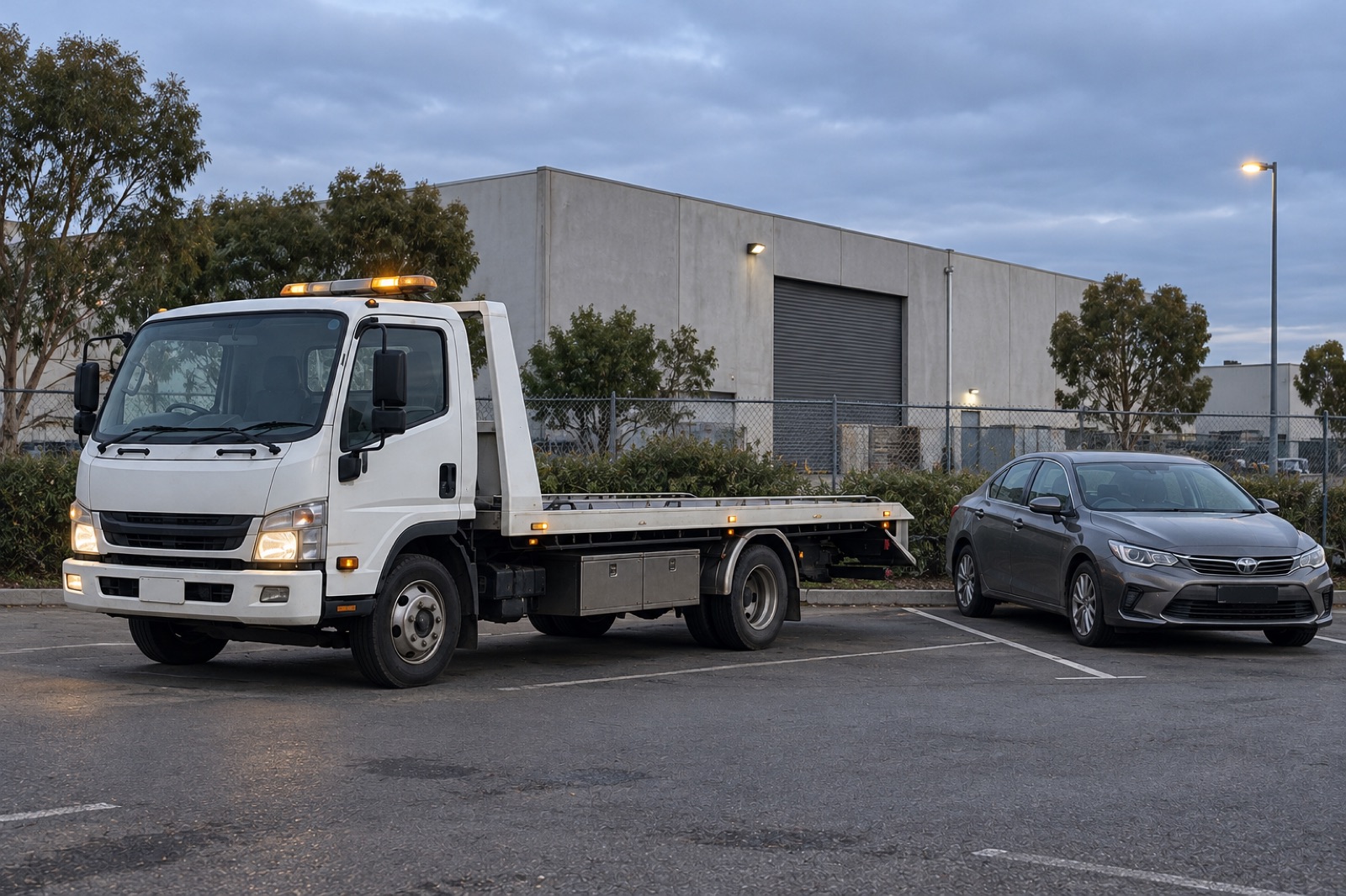 Illustrative scene of a tow truck and passenger car in an industrial parking area at dusk.