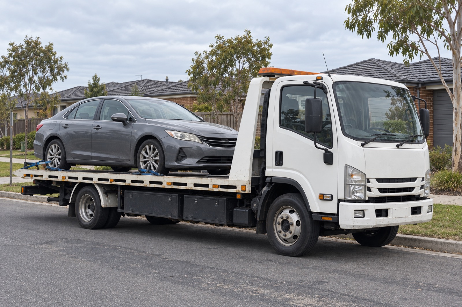 Illustrative scene of a sedan on a flatbed truck in an outer-suburban residential street.