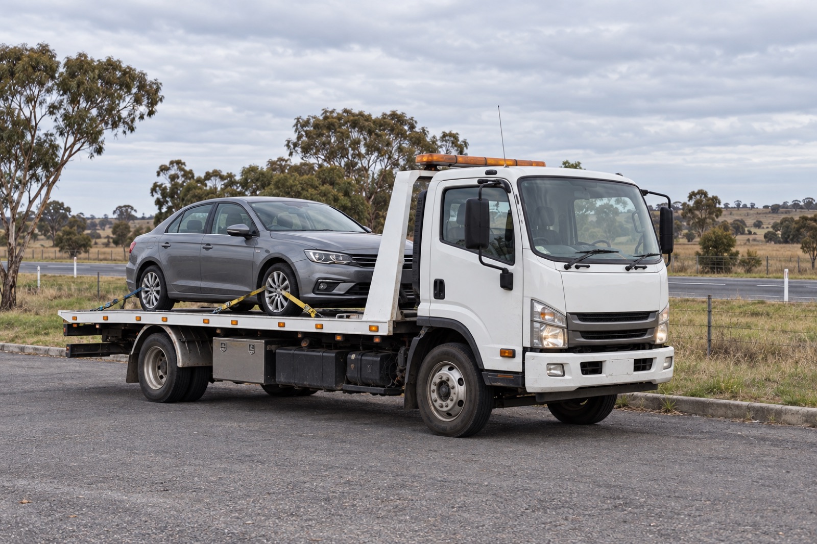 Illustrative scene of a car on a flatbed truck parked beside open grassland.