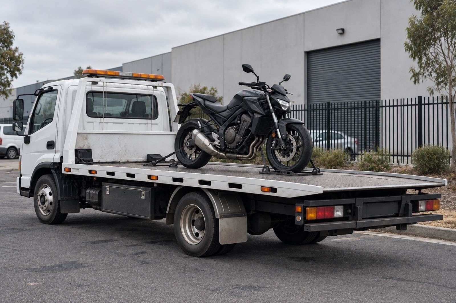 Illustrative scene of a motorcycle on a transport platform outside a warehouse.