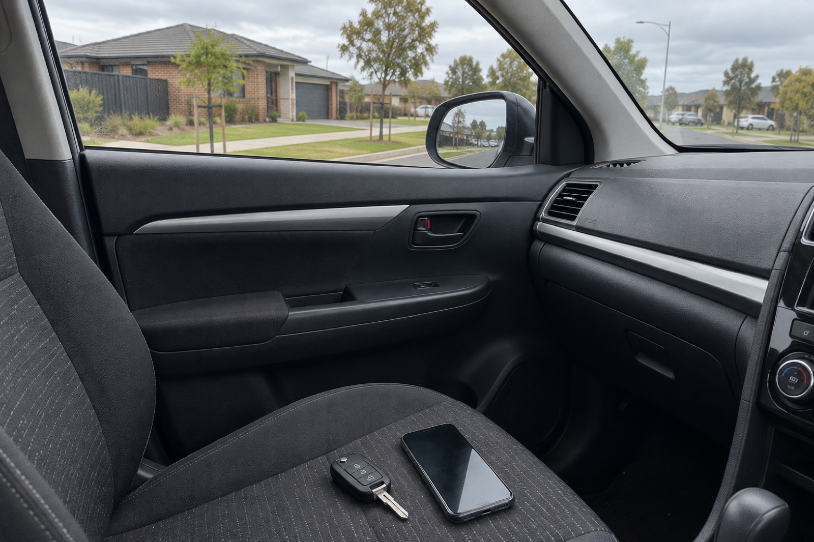 Illustrative scene of a car key and phone on the passenger seat of a parked car.