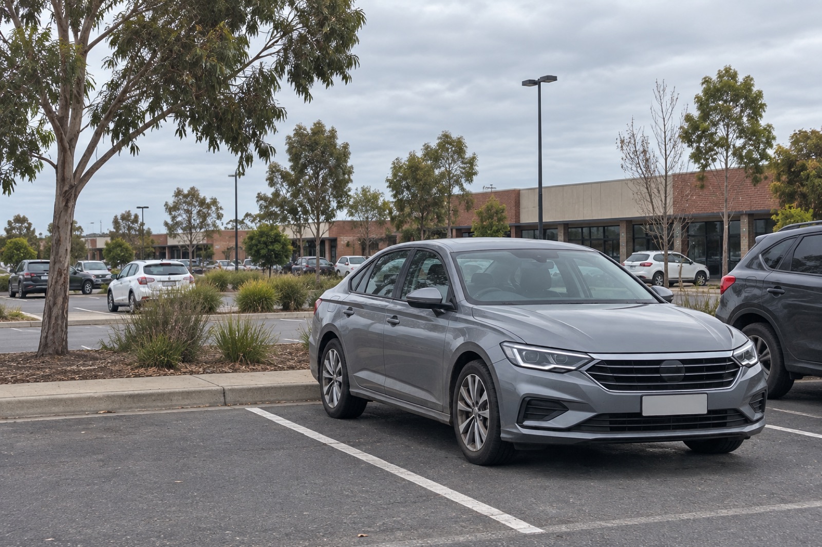 Illustrative scene of a car parked near a suburban shopping strip.